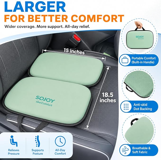 3-in-1 Foldable Gel Seat Cushion with Memory Foam Ergonomic Portable Cushion for Back Pain & Tailbone Relief - Perfect for Office Chair, Airplane Travel & Stadium Seats (18.5" x 15" x 2" Green) - Image 5