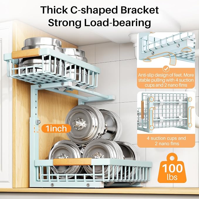PXRACK Under Sink Organizer, Adjustable Height, 2 Tier Pull Out Under Cabinet Organizer, Slide Out Thickened Metal Under Sink Storage for Kitchen Bathroom Laundry Pantry Cabinet, Blue, Large-2-Pack - Image 6