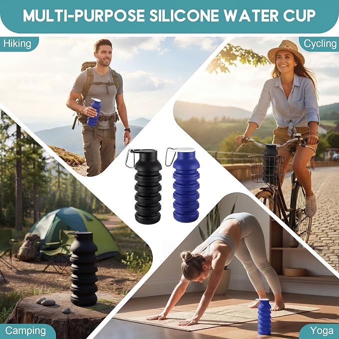 LemonRoad 2 Pcs 20 oz Portable Collapsible Water Bottles Reusable Silicone Foldable Water Bottle Lightweight Leakproof Expandable for Gym Traveling Camping Hiking Sports (Black,Navy Blue) - Image 6