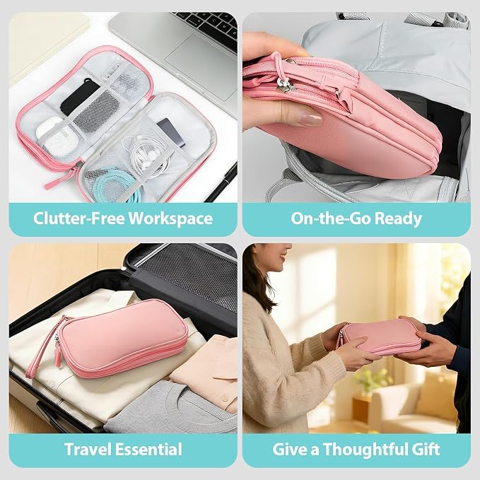Travel Electronics Organizer, Double Layer Tech Pouch, Pink | Water-resistant Oxford fabric with padded lining. 8 compartments hold chargers and 3ft+ cords. Includes 8 cable ties. - Image 6
