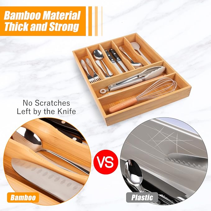 Bellsal Bamboo Silverware Drawer Organizer, Kitchen Utensil Drawer Organizers, 12"x15.7" Utensils Holder Cutlery Tray with Grooved Drawer Dividers for Kitchen Flatware Bedroom Office(7 Slot, Natural) - Image 4