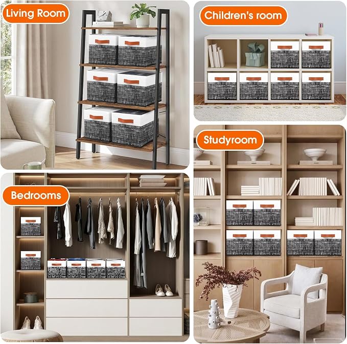 Collapsible Storage Baskets for Shelves,14"x10", 6 Pack Foldable Fabric Storage Bins with Double Leather Handles, Large Baskets for Organizing Books, Clothes, White & Black - Image 5