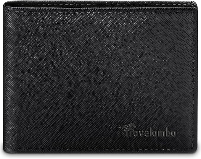 Travelambo Leather Wallet for Men, Slim Minimalist RFID Credit Card Holder | Mens Thin Bifold Pocket Wallet, Gift for Father, Crosshatch Black by Travelambo