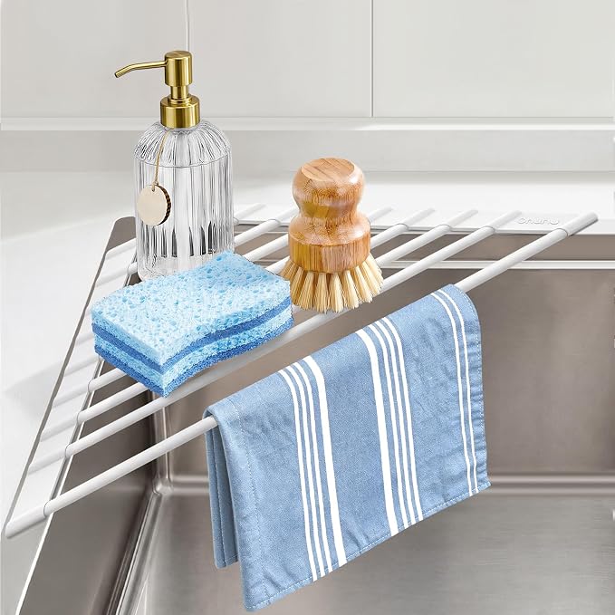 Ohuhu Corner Sink Strainer, Sponge Holder for Kitchen Sink Organizer - Silicone Wrapped Steel Anti Slip Rust Triangle Over the Sink Roll-UP Dish Drying Rack Caddy Kitchen Sink Accessories by Ohuhu