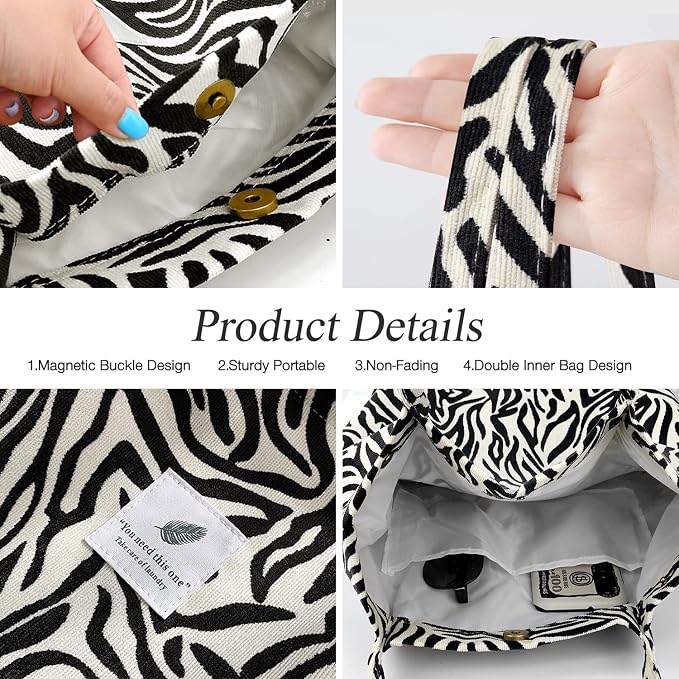 LHMTQVK Corduroy Tote Bags for Women, Large Capacity Tote Purse Reusable Grocery Shoulder Bag with Inner Pockets - Image 5