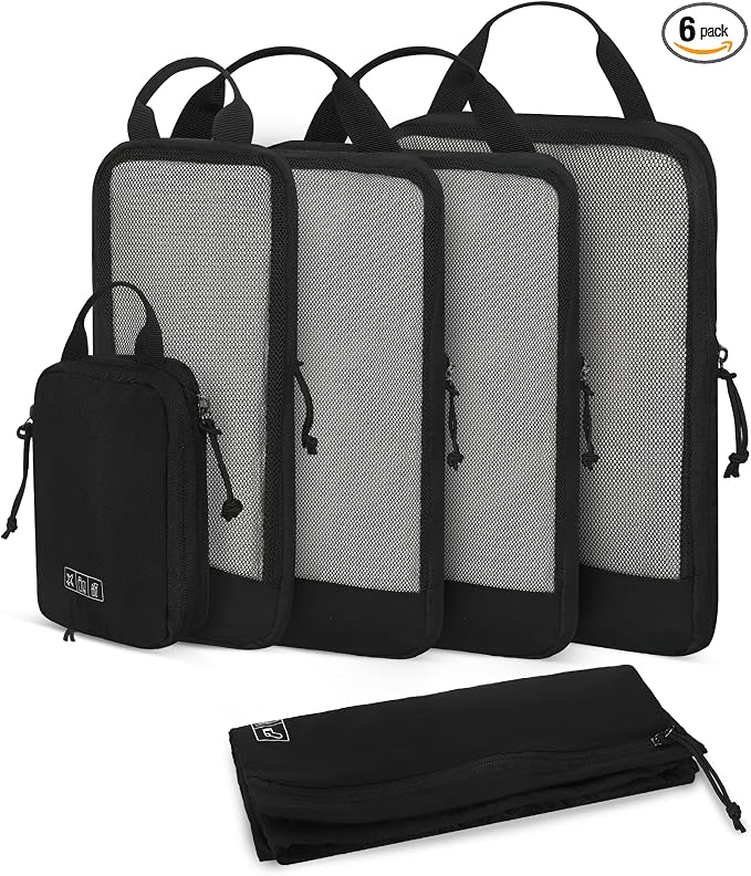 6 Set/ 4 Set/ 2 Set Compression Packing Cubes Travel Essentials Lightweight Nylon Luggage Suitcase Organizer Bag Black 6PCS by HynesEagle