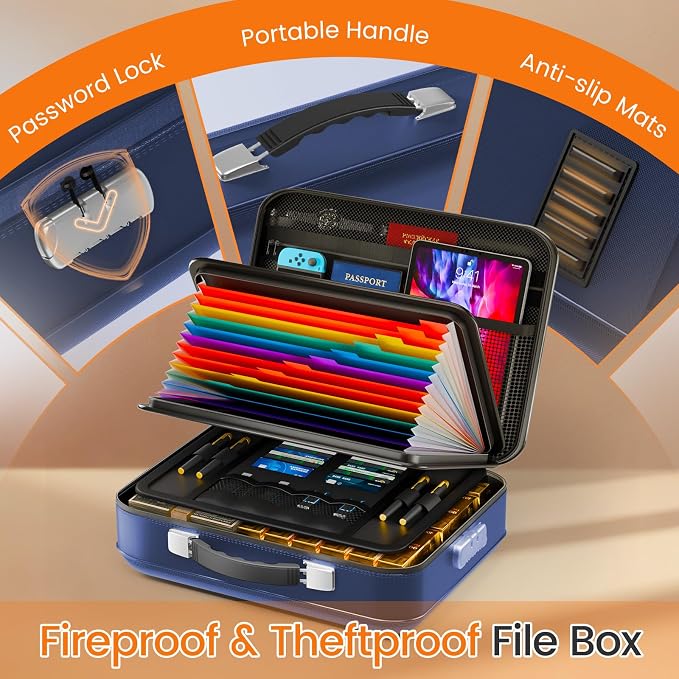 Fireproof Document Box with Lock, 5200°F Fireproof Water Resistant Hard Case File Organizer Safe Box for Important Documents, Certificates, Laptop, Passports (Blue) - Image 4