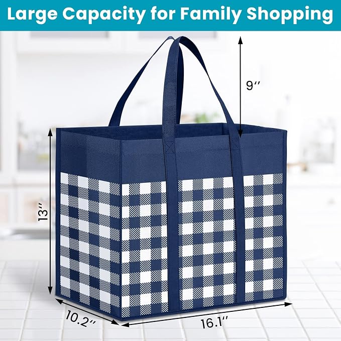 WOWBOX Reusable Grocery Bags, Foldable Reusable Shopping Tote Bags | 6-Pack Large Storage Bags bulk with Reinforced Handles and Water Resistant Coating for Groceries,Multipurpose,Blue-White - Image 4
