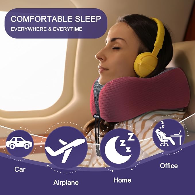 napfun Neck Pillow for Travel, Memory Foam Airplane Pillow, Burgundy | 360° Neck Support, Upgraded 100% Memory Foam for Airplane, Car, Train, Bus, Office Sleep, Travel Essentials for Long Flights - Image 6
