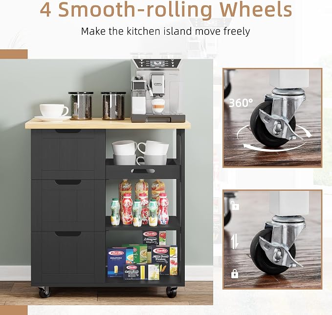 Shintenchi Kitchen Island Cart with Storage,Rolling Kitchen Island Storage Cabinet,Side Table on Wheels with Worktop,3 Open Shelves and 3 Drawers for Kitchen,Dinning Room, Black - Image 4