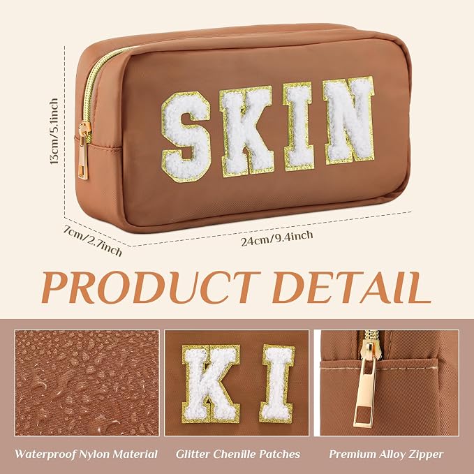 Preppy Makeup Bags Chenille Letter Stuff Bag Nylon Cosmetic Pouch Cases with Zipper for Women Travel Toiletry(Brown Set,Classic,4 Pcs) - Image 2