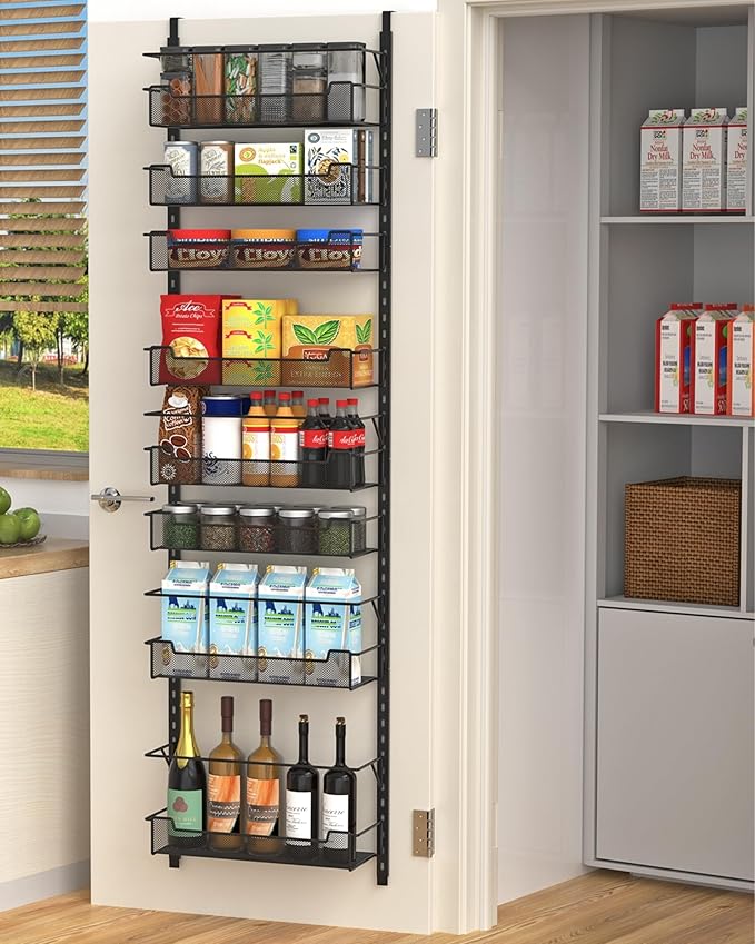 VyGrow Over the Door Pantry Organizer, 8-Tier Over the Door Organizer with Adjustable Basket, Pantry Door Organization for Pantry Kitchen Storage Room Spice Rack, Black by VyGrow