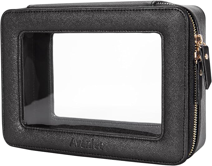 Aveniee Clear Makeup Bag Organizer, Portable Travel Toiletry Cosmetic Bag Case for Women, Heavy Duty Clear Pouch with zipper with Transparent Vinyl Windows & Gold Zippers(Black) - Image 2