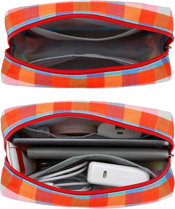 E-Tree Cute Makeup Bag,Big Travel Make up Pouch,Zipper Large Toiletry Cosmetic Brush Skin Care Case for Women Man,Tech Electronic Organizer,Small Canvas Storage for Personal Items,Colorful Checkered - Image 4