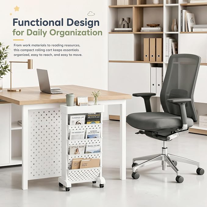 5-Tier Rolling Bookshelf Cart with Wheels, White | Slim Mobile Book Cart, Plastic Magazine Rack Rolling File Paper Organizer for Home Office Study Classroom Living Room - Image 5