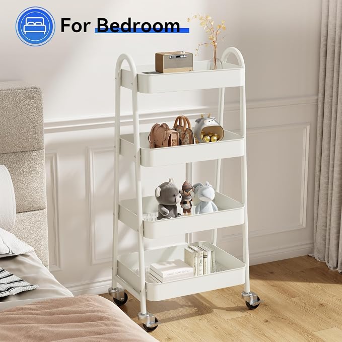 OLIXIS Metal 4 Tiers Rolling Storage Utility Cart with Lockable Wheels | Mobile Organizer Shelf, Space-Saving, Freestanding, Bathroom, Living Room, Slim, Narrow Corner Spaces, White - Image 7