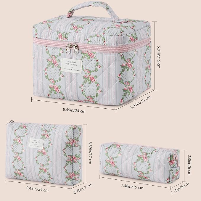 HBselect Quilted Makeup Bag, 3Pcs Cotton Large Travel Makeup Bags Organizer | Cute Floral Make up Bag Cosmetic Bag Toiletry Bag for Women Girls, Makeup Pouch for Skincare, Brushes & Travel Essentials - Image 6