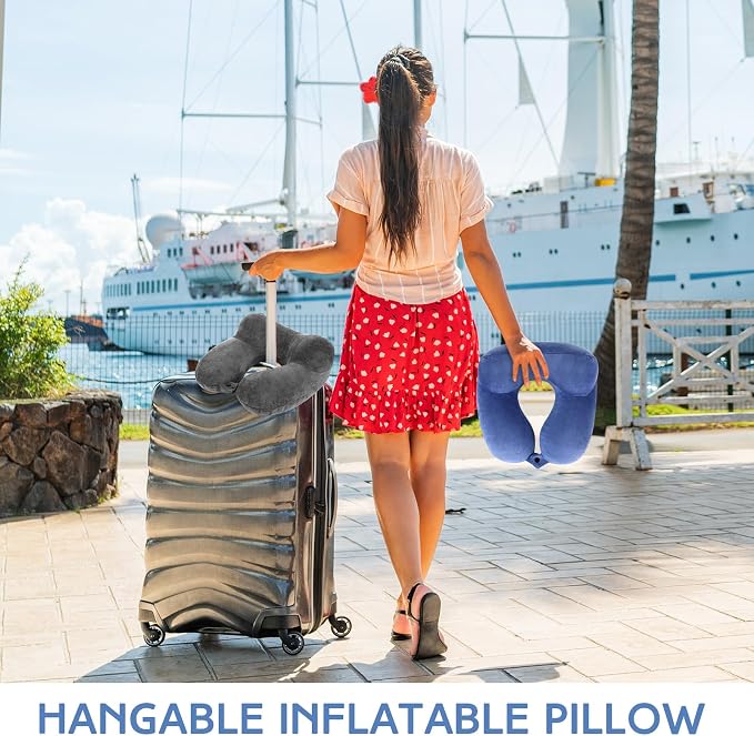 Sintuff 2 Pcs Inflatable Travel Pillow with Compact Bag and Blindfold Velvet Inflatable Neck Airplane Pillow Washable Cushion for Airplanes Flight Car Long Traveling Kids Adults Grey Blue - Image 6