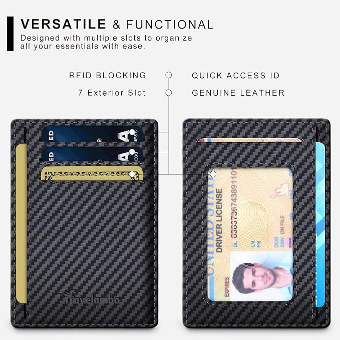Travelambo 100% Genuine Leather Wallet for Men and Women, Slim Minimalist RFID Blocking Front Pocket Credit Card Holder with Gift Box(Carbon Fiber Black) - Image 4