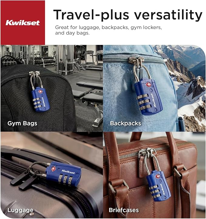 Kwikset TSA Approved Combination Luggage Lock with Cable, 2-Pack, Blue | Blue Pair Spots Your Bags Fast at Baggage Claim; Flexible Cable Shackle and Resettable Code, 1-3/16 in Body - Image 4