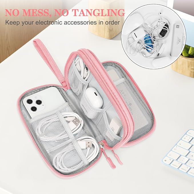 FYY Electronic Organizer, Travel Tech Pouch Bag, Cable Organizer Pink | Wrist Strap, Waterproof, Double Layers Portable Electronics Travel Carrying Case for Cord, Charger, Daily Business Trips Use - Image 5