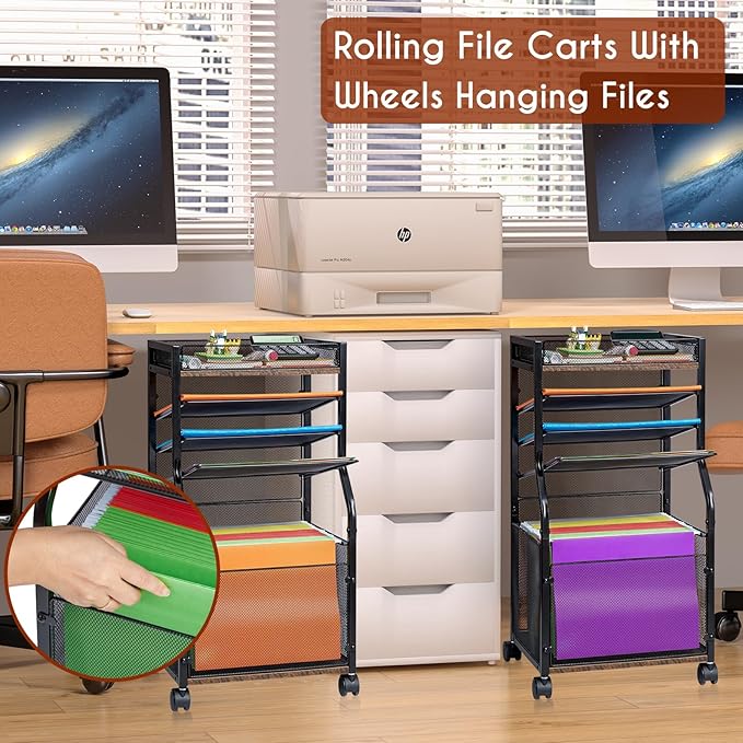 3IngSeagulls Rolling File Cart, 5-Tier Mobile Filing Cabinet on Lockable Wheels, Under Desk Storage, Mesh Sliding Hanging Folder, Office Storage & Organization Cabinet for Office, Home, and School - Image 4