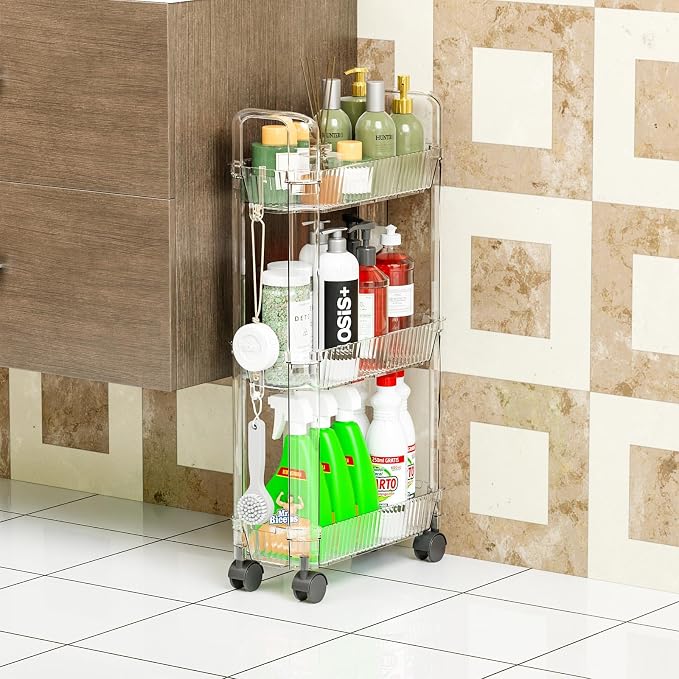 3 Tier Slim Rolling Storage Cart with Wheels for Small Space,Clear Modern Design Slim Utility Cart Suitable as Bathroom Cart Organizer Shelf,Skinny Bathroom Storage Rack,Narrow Laundry Cart on Wheels - Image 6