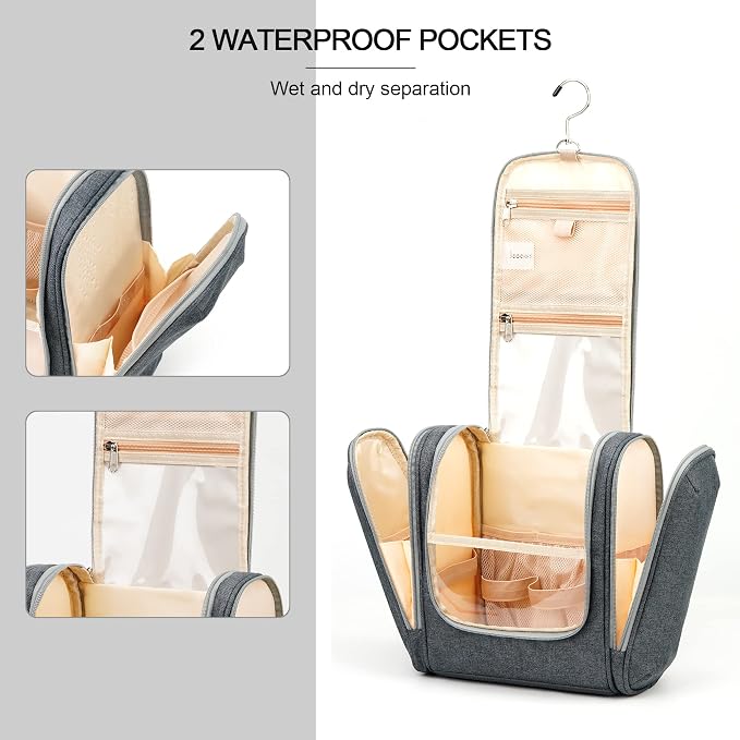 Hanging Travel Toiletry Bag for Women and Men, 6 Organizer Compartments, Extra Large Toiletries Bag, Bathroom Cosmetic Bag, Water-resistant Makeup Bag, Holds Full-Size Shampoo, Grey - Image 5