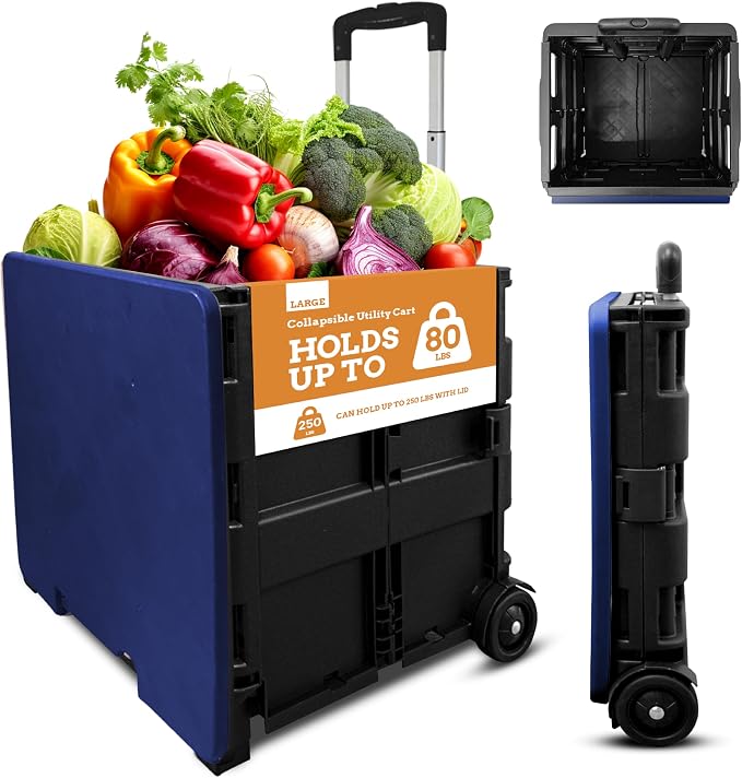 Inspired Living Collapsible Ultra-Slim Pack-N-Roll,2 Wheel Utility Cart w/Lid Used as Seat up to 250 Lbs, Telescopic Handle - Super Strong, for Home, Garden, Shopping, Office, School use, Large, Blue by Inspired+Living