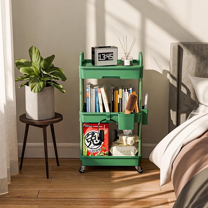 Sorgion 3 Tier Rolling Cart Organizer,Laundry Room Bathroom Organizers and Storage Office Shelves Mobile Shelving Unit Kitchen Trolley Cart with Wheels for Art,Craft,Diaper,Bedside,Snack(Green) - Image 2