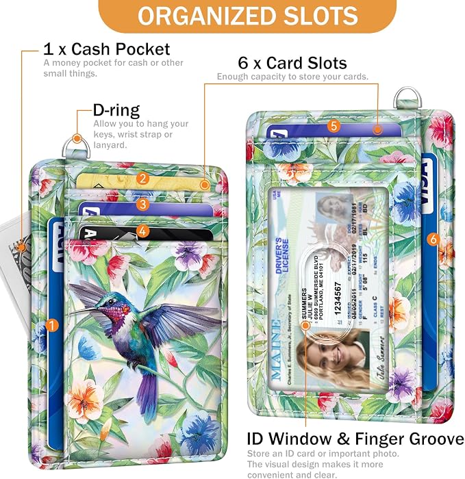 Yonlevres Hummingbird RFID Wristlet Wallet Women Credit Card Holder Slim | Front Pocket, Handy, RFID Blocking, Woman Girls Ladies Gifts, D-ring for Keychain,Thin Mini Card Case, ID Window, PU Leather - Image 4