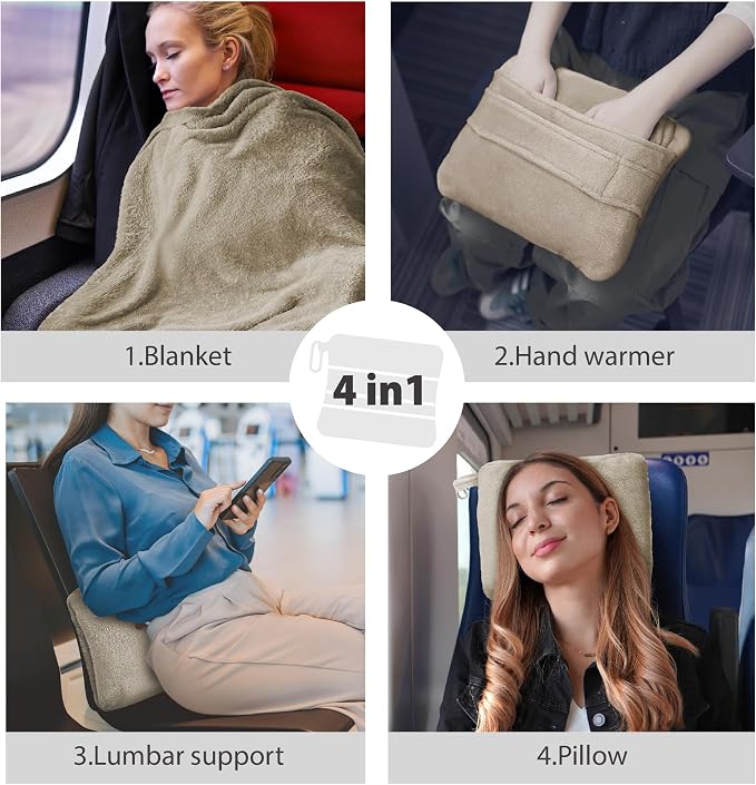 DEZ FURNISHINGS 4-in-1 Self-Storing Travel Blanket & Pillow, Soft Fleece Airplane Blanket with Luggage Sleeve & Backpack Clip, 60" x 45", Tan - Image 5