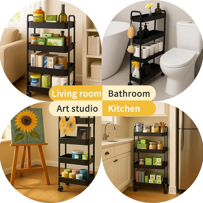 ShellKingdom 4 Tier Bathroom Storage Organizer, Slim Rolling Storage Cart | Storage Shelf for Narrow Space with Handle, Mobile Shelving Unit for Bathroom, Kitchen, Laundry (Black) - Image 2
