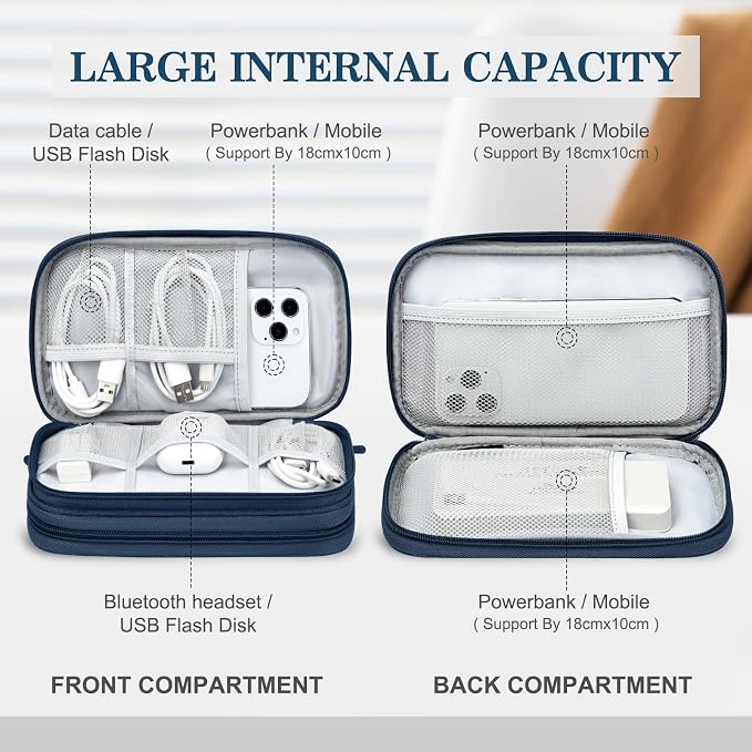 FYY Electronic Organizer, Travel Tech Pouch Bag, Medium, Navy | Wrist Strap, Waterproof, Double Layers Portable Electronics Travel Carrying Case for Cord, Charger, Daily Business Trips Use - Image 3