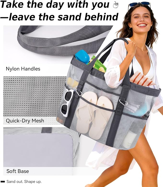 Chic Cruise Essentials Beach Bag for Women, Large Zip Top Tote, 11 Pockets | 40L+ Spacious;Mesh × Canvas;Zipper Pouch;Secure Zip-Top;Sand-Resistant Base - Image 6