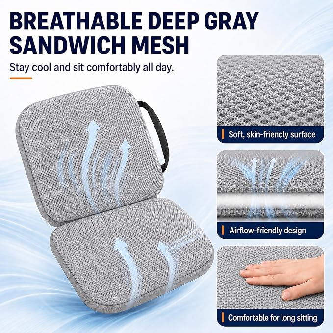 3 in 1 Foldable Gel Seat Cushion Featured with Memory Foam Breathable Seat Cushion for Pressure Relief (Size: 18.5“ x 15" x 2"，Gray Mesh) - Image 6
