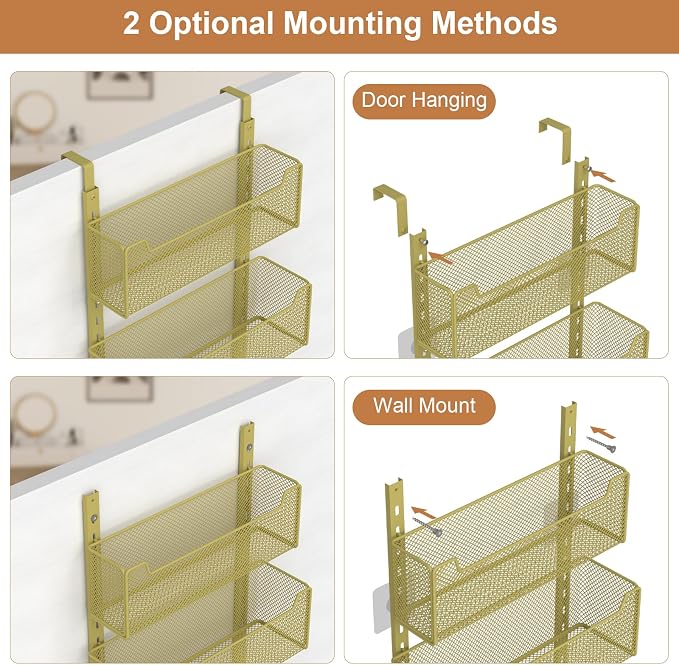 VyGrow Over The Door Organizer, Metal Door Organizer Hanging with 5 Adjustable Baskets and Coat Hook, Behind The Door Storage for Bedroom Closet Bathroom Pantry Cabinet Kitchen, Gold - Image 4