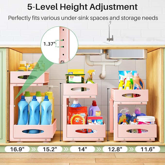 2 Pack Under Sink Organizer, 2 Tier Pull out Cabinet Organizer Mesh Baskets with 5 Adjustable Heights, Sliding Drawers Storage Shelf for Home, Kitchen, Bathroom, Pantry, Office, Countertop ,Pink - Image 3