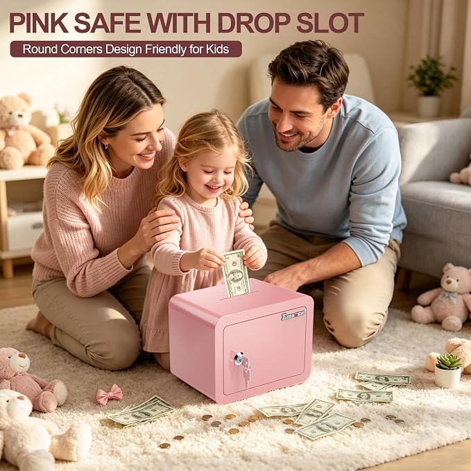 Pink Safe Kids Safe Mini Safes for Kids Small Safes for Home Dorm Safety Box for Money Cash Documents Mini Lock Box with Key Pink Portable (0.23 cubic feet) - Image 2