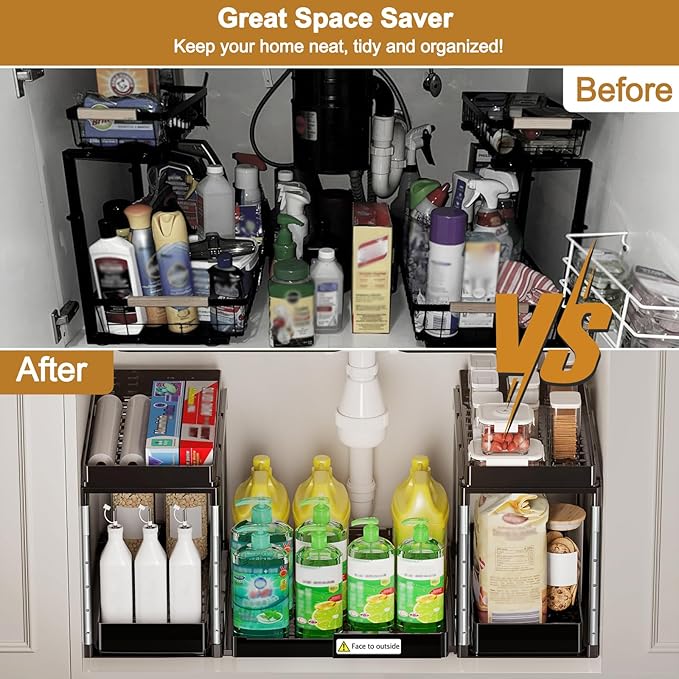 NIUXX Expandable Under Sink Organizer: 2 Tier Height Adjustable | Under Cabinet Organizer - Double Pull Out Shelf Under Sink Storage for Kitchen - Bathroom and Laundry Room - Space Saving - Image 5
