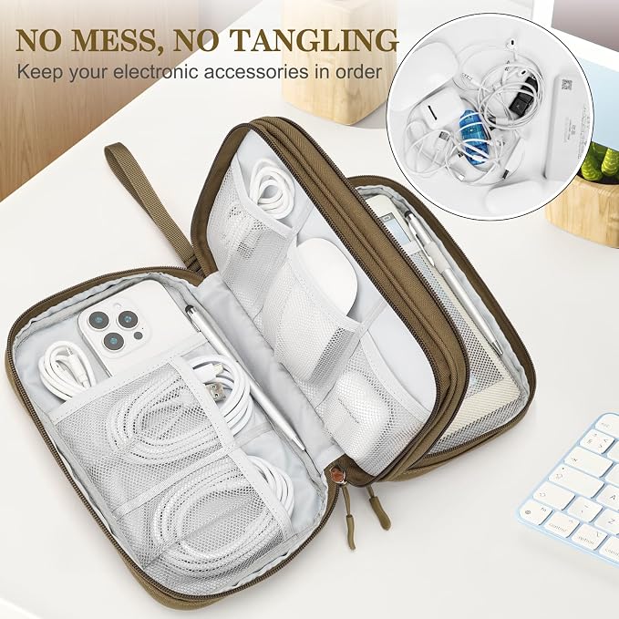FYY Electronic Organizer, Travel Tech Pouch Bag, Large, Brown | Wrist Strap, Waterproof, Double Layers Portable Electronics Travel Carrying Case for Cord, Charger, Daily Business Trips Use - Image 5