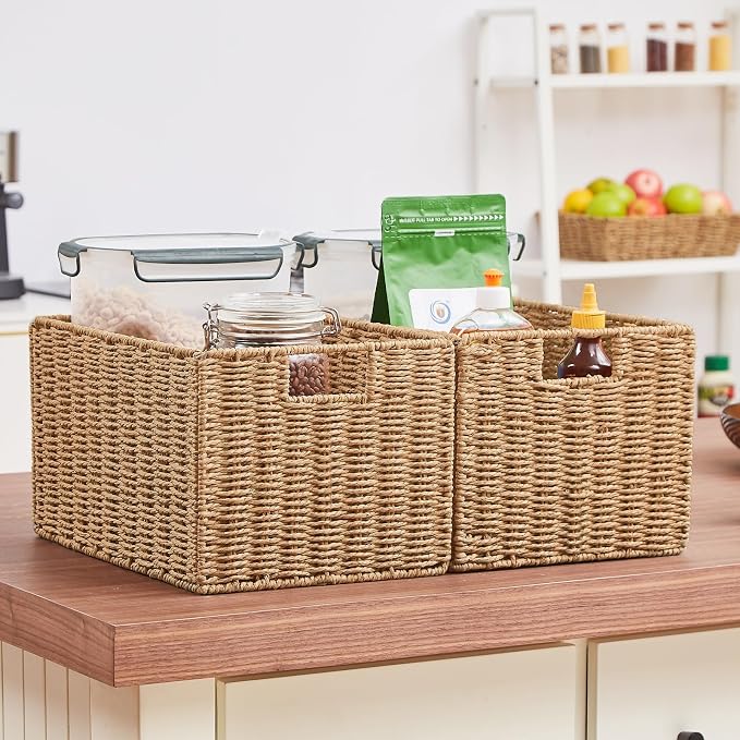 Wicker Storage Basket, Set of 2 Hand-Woven Paper Rope Wicker Basket, Small Storage Baskets for Organizing Toilet Paper Basket, Foldable Large Cube Storage Organizer Bins for Shelves (Natural) - Image 6