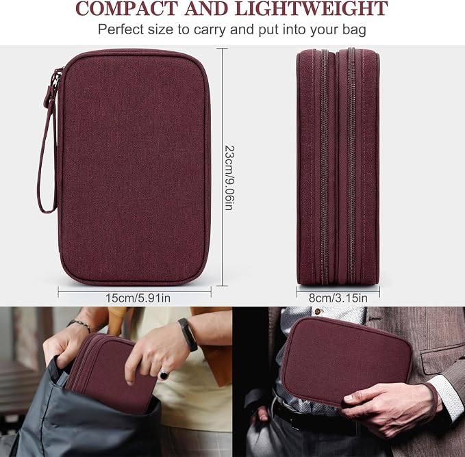 FYY Electronic Organizer, Travel Tech Pouch Bag, Large, Wine Red | Wrist Strap, Waterproof, Double Layers Portable Electronics Travel Carrying Case for Cord, Charger, Daily Business Trips Use - Image 2
