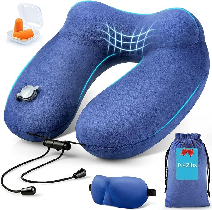 Inflatable Travel Neck Pillow for Airplanes, Super Soft Velvet Neck Support, Adjustable Firmness, Blow Up Plane Pillow for Long Flights, Road Trips, Travel Essentials with Eye Mask, Earplug by UROPHYLLA