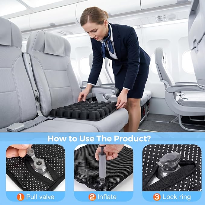 Sondour 42 Airbags Inflatable Travel Seat Cushion Airplane for Long Flight | Portable Airplane Gadgets Seat Cushions with Air Pump, Wheelchair Cushions,Pressure Relief Seat Cushion-1 Black - Image 4