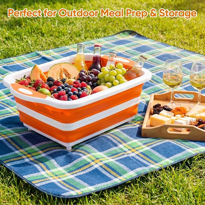 Collapsible BBQ Prep Tub with Lid, Foldable Camping Sink with Colander, Cutting Board, Dish Basin for Kitchen, Bowl, Vegetable and Fruit, Storage Basket for Picnic-Orange - Image 7