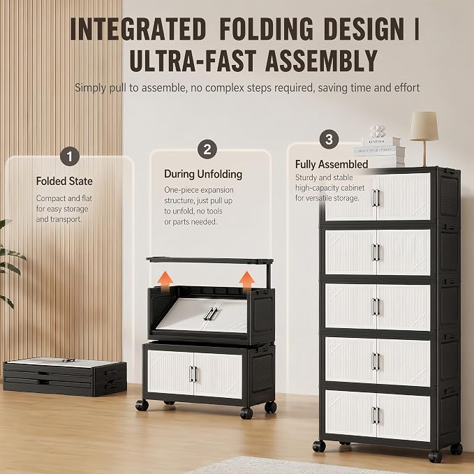 3 Tier Foldable Storage Cabinet with Wheels and Magnetic Doors | Premium PP Material Large Storage Organizer, Space-Saving Utility Storage for Home, Apartments, Dorm, Office, Rv - Image 7