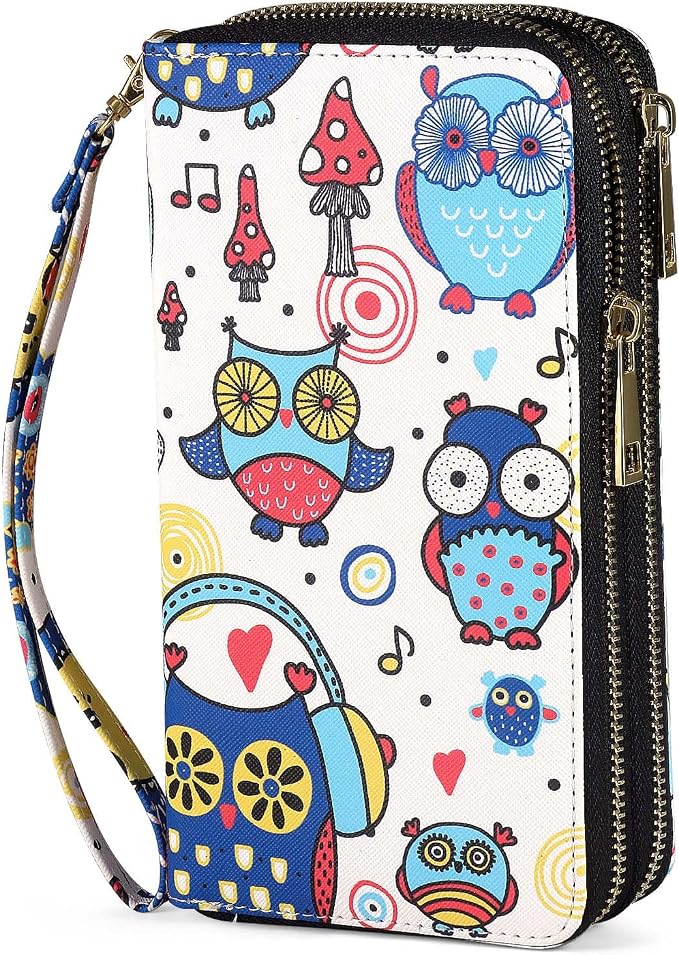 Cellphone Wallet for Women with Wrist Strap, RFID Blocking Credit Card Holder Large Size Clutch Purse, Owl by HAWEE