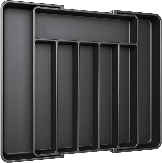 Aujen Silverware Drawer Organizer, Adjustable Utensil Cutlery Tray | Expandable Kitchen Organizer for Forks, Knives, Multipurpose Kitchen Storage , Apartment Essentials, Black, Large by AUJEN