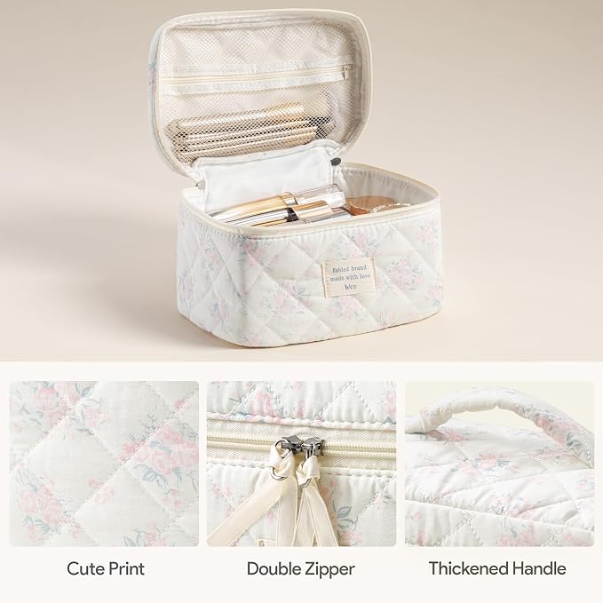 HBselect Quilted Makeup Bag, 3Pcs Cotton Large Travel Makeup Bags Organizer | Cute Floral Make up Bag Cosmetic Bag Toiletry Bag for Women Girls, Makeup Pouch for Skincare, Brushes & Travel Essentials - Image 2